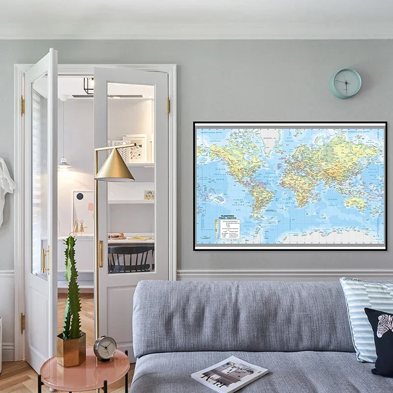 90x60cm Spanish World Map Wall Sticker City Map of The World Posters and Prints Travel Gift for Home School Education Decor