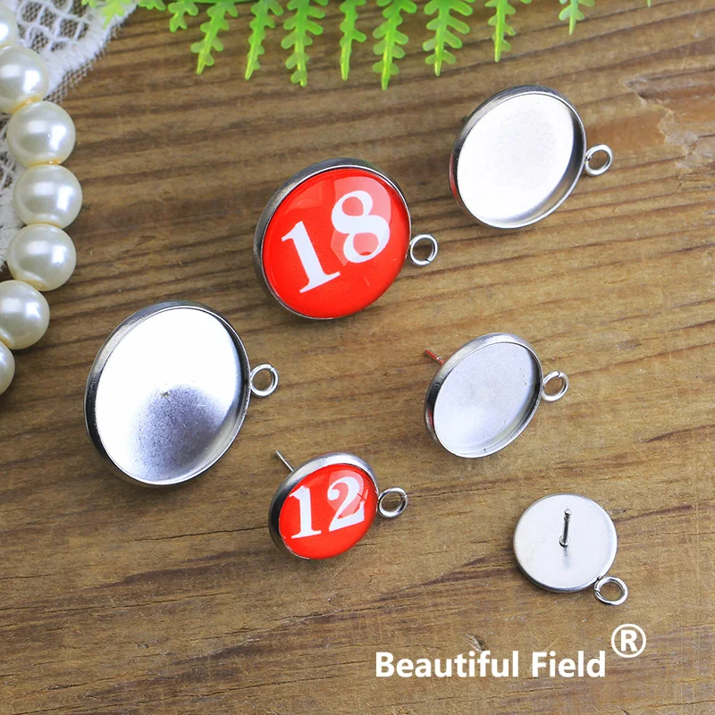 Stainless Steel 30pcs Fit 8mm 10mm 12mm 14mm Earring Base Cabochon Ear Setting Plated Round Cameo Blank Tray Hole (With Plug)