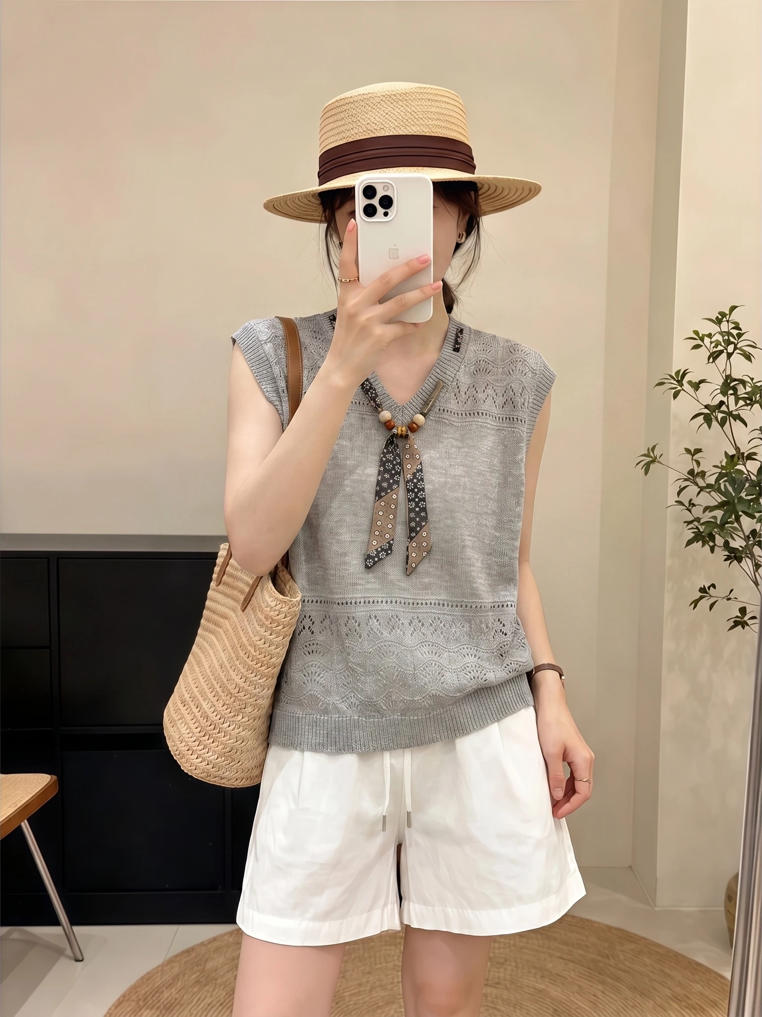 Orange Pumpkin Hollow out V-Neck Shoulder Length Vest Women's Outerwear Summer New Style plus Size Fat MM Scarf Top
