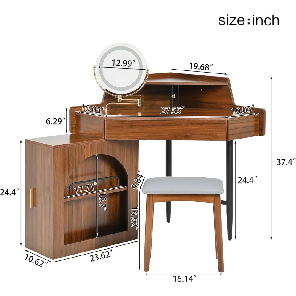مكتب زينة مكياج حديث بإضاءة LED مع مرآة وأدراج وخزانة تخزين لغرفة النوم #3