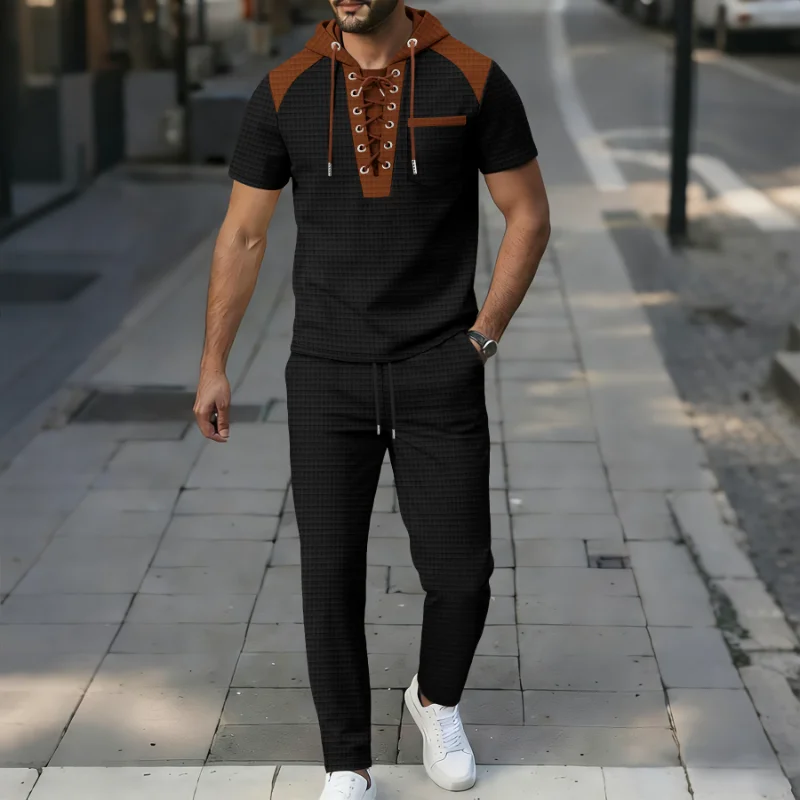 Men Waffle Grid Color Block Short Sleeve Hoodie With Lace Up Placket Drawstring Long Pants 2 Piece Casual Tracksuit
