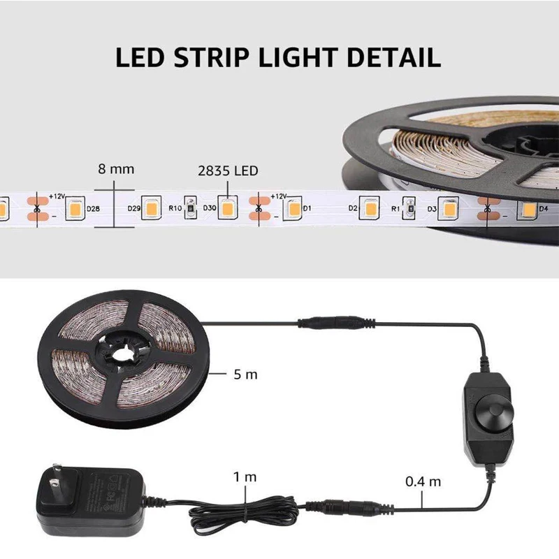 5m 10m LED Strip Light With Dimmer Switch Controller Daylight Warm White Ribbon 2835 LED Tape Light For Bed Cabinet Kitchen