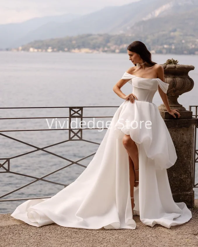 Abiti da sposa senza spalline da donna bianchi eleganti personalizzati Abiti da sposa a-line in raso Abiti da sposa de talla grande