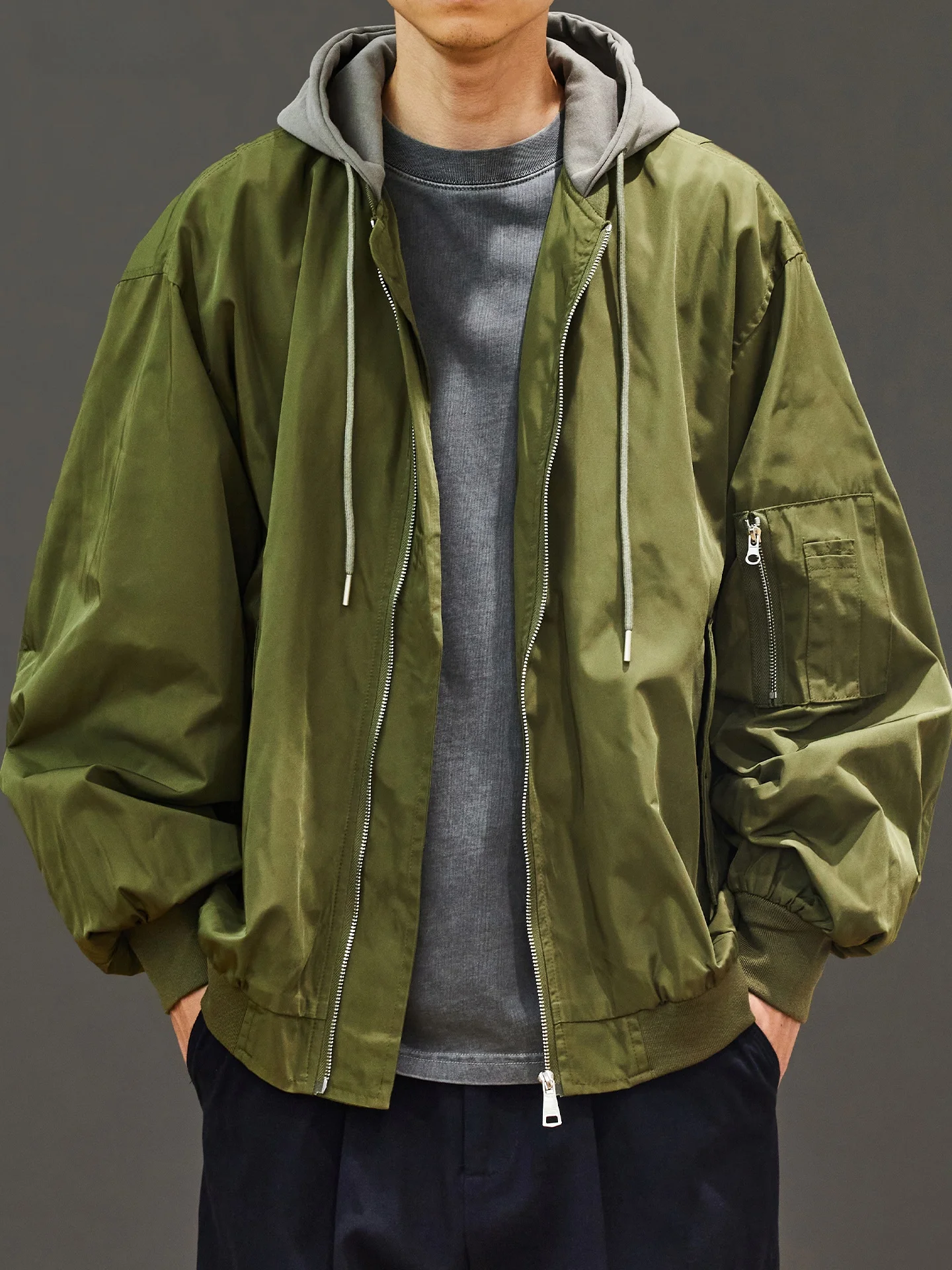 アメリカンストリート スレ メンズ ルーズフィット フード付きジャケット 秋冬 カジュアル フライトコート フェイクツーピース ユース ポリエステル繊維