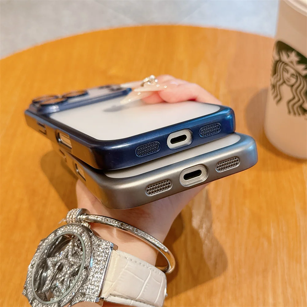 เคสโทรศัพท์ iPhone 17 Pro Max แบบหรูหรา โปร่งแสงด้าน ป้องกันเลนส์เต็มรูปแบบ กรอบสีเมทัลลิก ฝาหลังแบบเกราะ