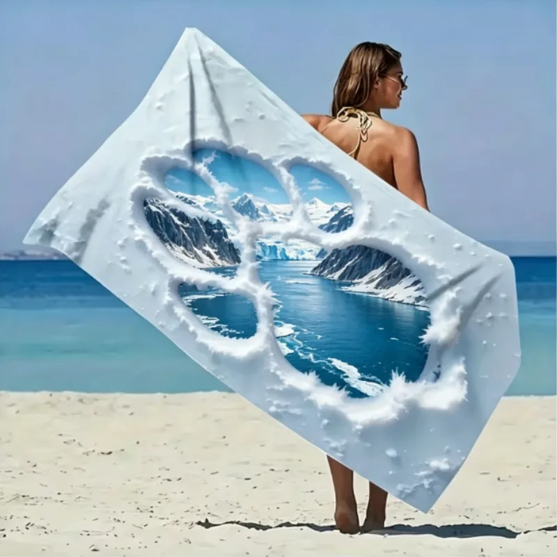 Oversized Microfiber Beach Towel, Wolf Paw Print with Northern Lights, Quick Dry Sand Free