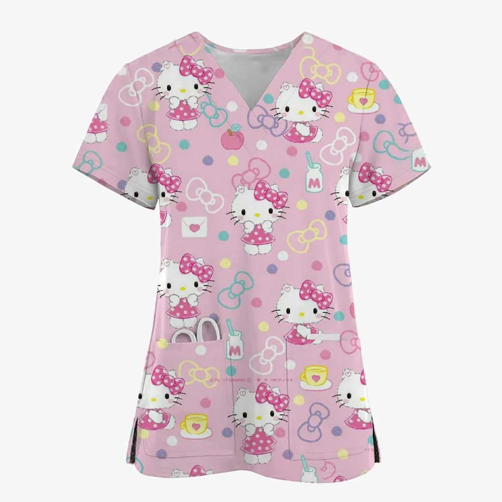 Tops de enfermería con estampado de Hello Kitty, blusa de uniforme de trabajo, uniforme de manga corta con cuello en V, Blusas, ropa de enfermería, Túnica Uni