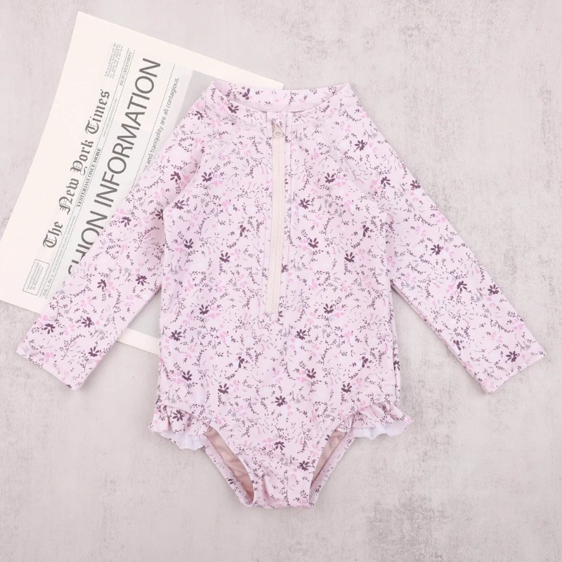 Fato de banho floral com zíper feminino, manga comprida, roupa de banho para bebê, proteção UV, roupa de banho única, fofa, verão, 1-2 anos