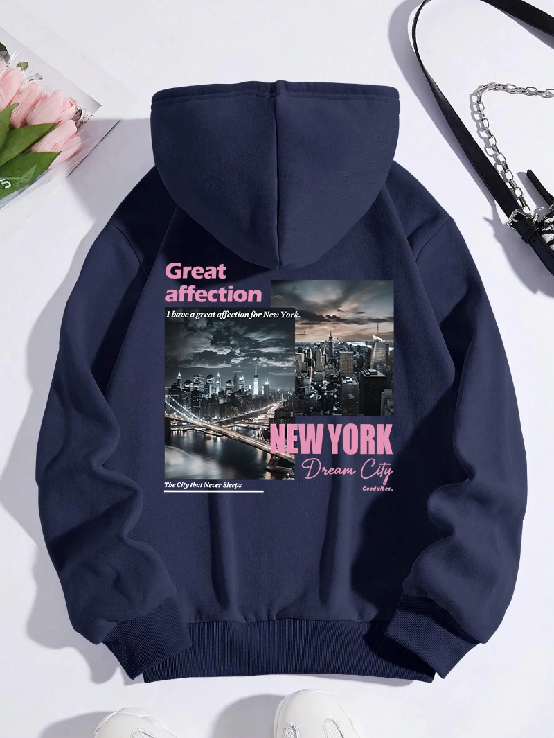 New York Dream City Printed Hoodies Casual Fashion Women Pullover Fleece Warm Pocket Sweatshirt Sporty Oversize Street Clothes