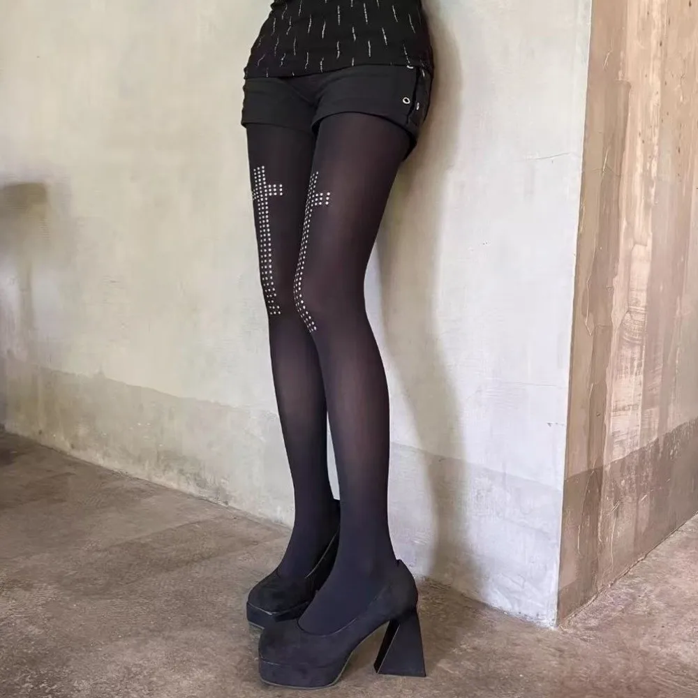 Hip-hop Punk Black Gothic Tights Vintage Soft Cross Pantyhose Breathable Y2K Rhinestone Stockings Cosplay