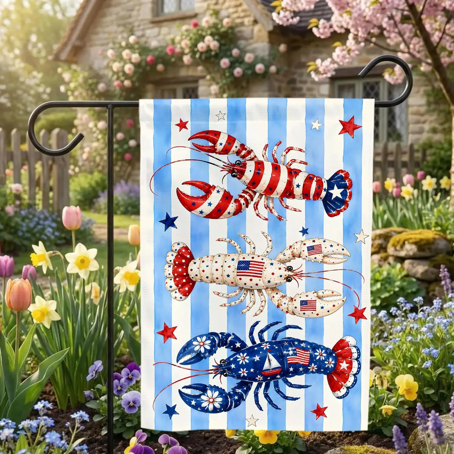 MAIANEY Patriotic Lobster Garden Flag, Coastal 4th of July Outdoor Banner, Red White Blue Nautical Yard Decor, Americana Bea yyi