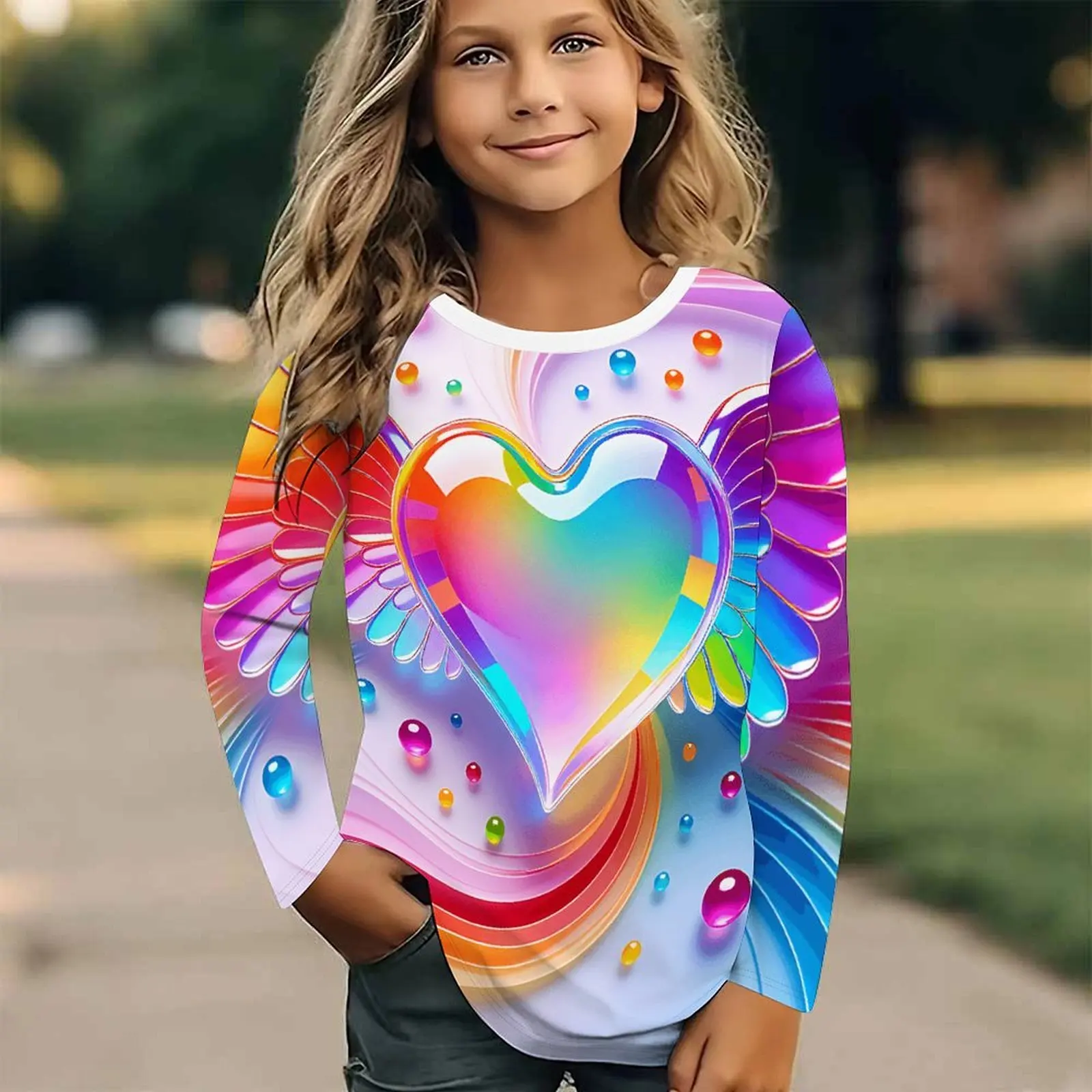 Sweet Girls Retro Print Long Sleeve T-shirt, Round Neck Fashion Kids Top, Soft Breathable Skin-friendly Tee for Birthday Party