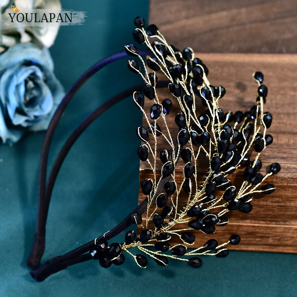 YouLaPan Handmade Golden Branch Black Crystal Headband Sparkly Double Layer Head Hoop Bridal Prom Party Hair Accessory A214 image 4