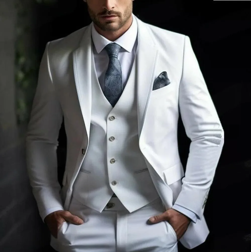 

New Light Gray Men Suit Business Tuxedos Formal Groomsman Wedding Party Prom Male 3 Piece Set Blazer Vest Pants Groom Wear