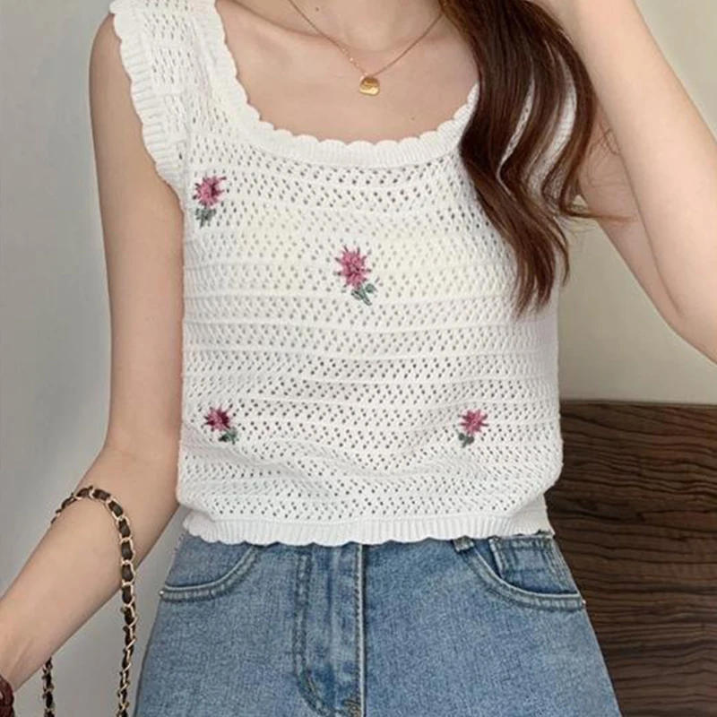 2024 Korean Version Women Knitted Hollow Out Flowers Embroidery Tank Top Summer Sweet Sleeveless Camisole