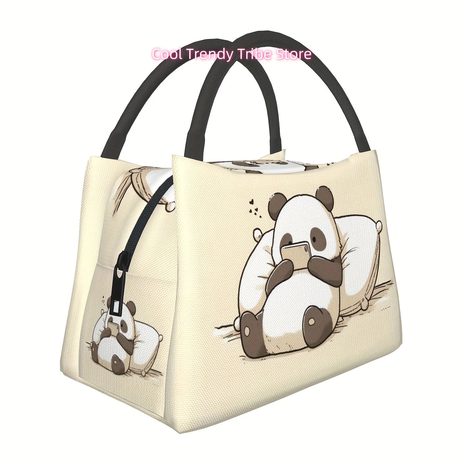 Reusable Panda Print Polyester Lunch Bag for Men and Women - Hand Washable Insulated Cooler Tote for Work, Picnics, and Outdoor