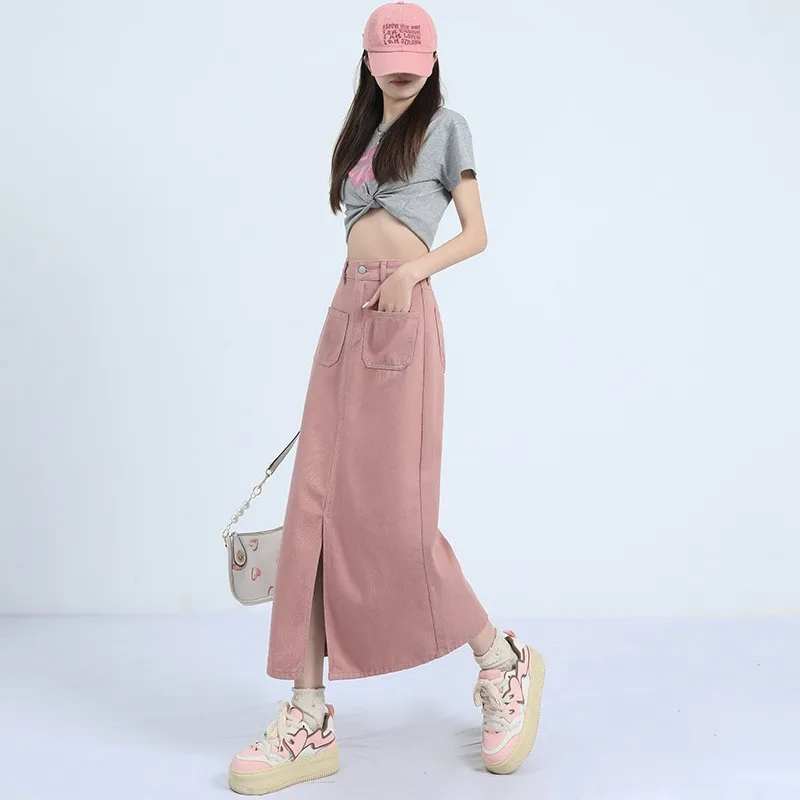 

Женская джинсовая юбка со средней талией, двойная универсальная конструкция с разрезом средней длины, модная деловая повседневная полиэфирная ткань