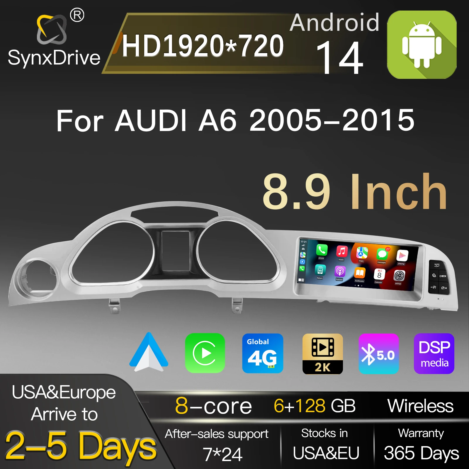 

8.9-дюймовый беспроводной CarPlay Android 14 автомобильный радиоприемник для Audi A6 C6 4F 2005-2015 MMI 2G 3G, мультимедийный экран, GPS-навигация, стерео аудио
