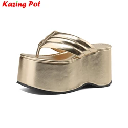 Krazing Pot Cow Leather Thick Bottom Peep Toe Slingback Mules Wedges Super High Summer Shoes Flip Flop Platform Women Sandals