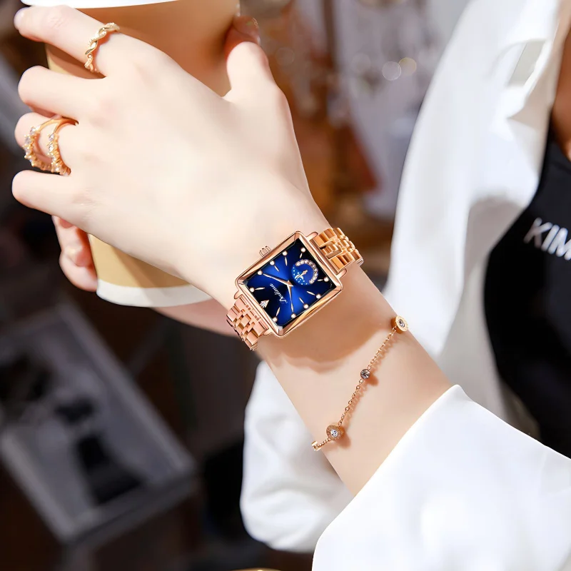 Montres à Quartz carrées en or pour femmes, incrustation de diamants, lune, étoiles, décoration, montre-bracelet de mode, lumière exquise, montres de luxe pour femmes
