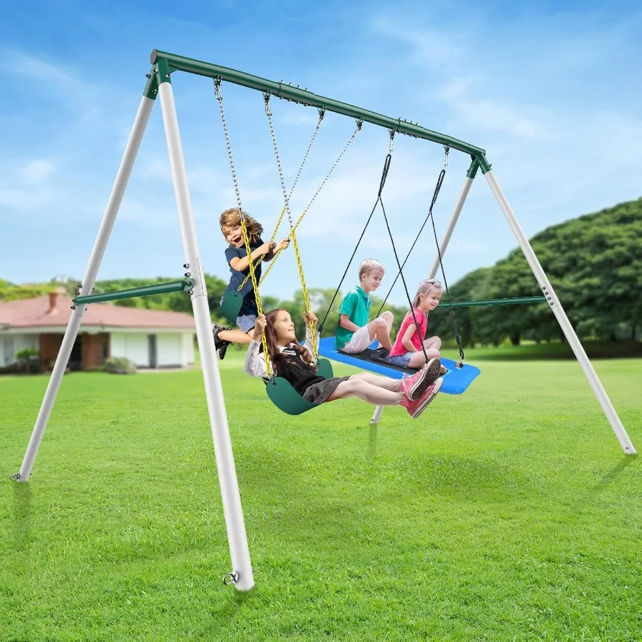 

7.3ft Tall Heavy Duty Swing Set with 3 Swings for Backyard Durable Metal Playground Equipment Designed for Big Outdoor Recreati