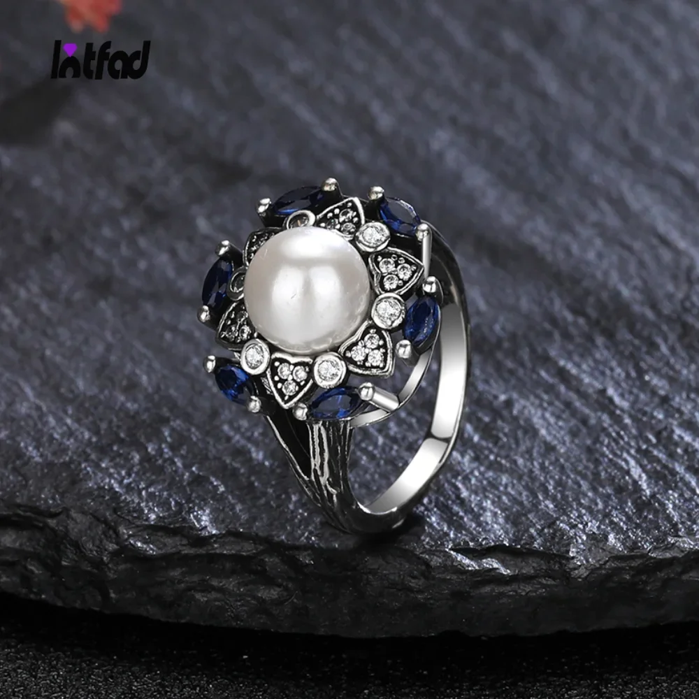 

Natural 8MM Pearl Ring 925 Sterling Silver Rings with Blue White Zircon Fine Jewelry for Women Vintage Ring Anniversary Gift