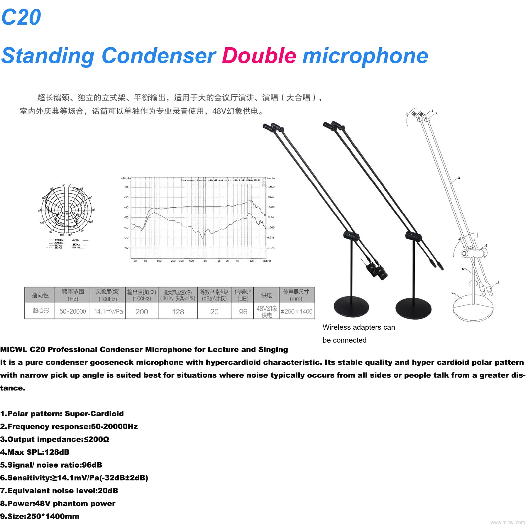 MiCWL C20 ميكروفون مزدوج قائم بميكروفون فائق القلبي لمجموعة جوقة ستوديو المرحلة القطب مع حزمة المدرجات