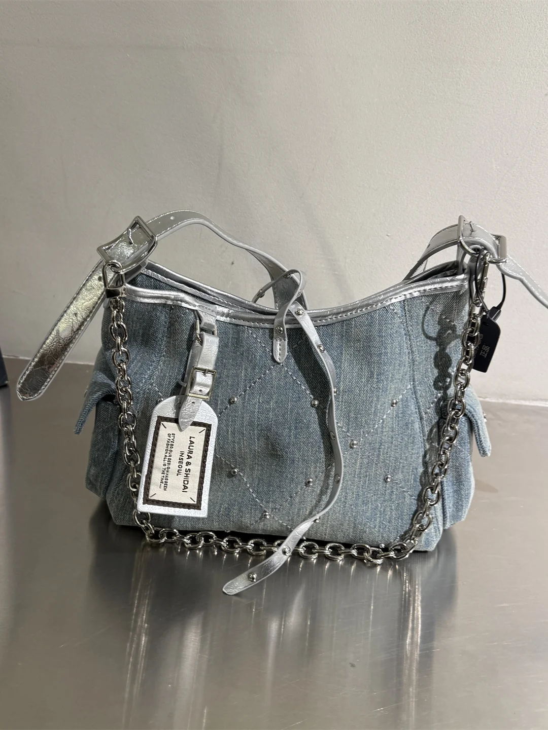 ele-silver-rivet-denim-patchwork-tote-bag-women's-large-capaci-single-oulder-crossbody-bag-casual-simple-sle