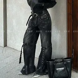 Women's Black Baggy Y2k Jeans Vintage Streetwear Aesthetic Punk Cowboy Pants Harajuku Denim Trouser 2000s Trashy Gothic Clothes