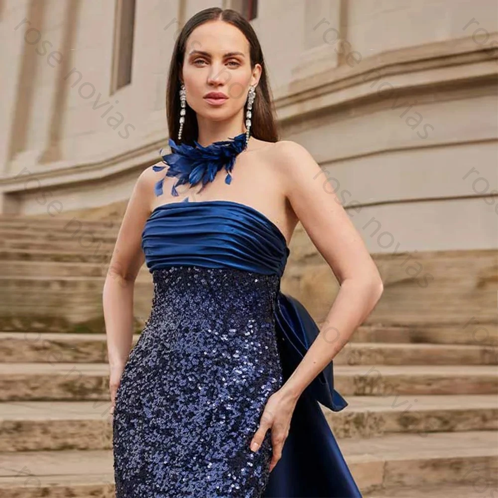 高品質なイブニングドレス、スパンコール付きストラップレスプリーツサテンノースリーブコラム型イブニングガウン、女性用2026年ビッグボウドレーププロムドレス