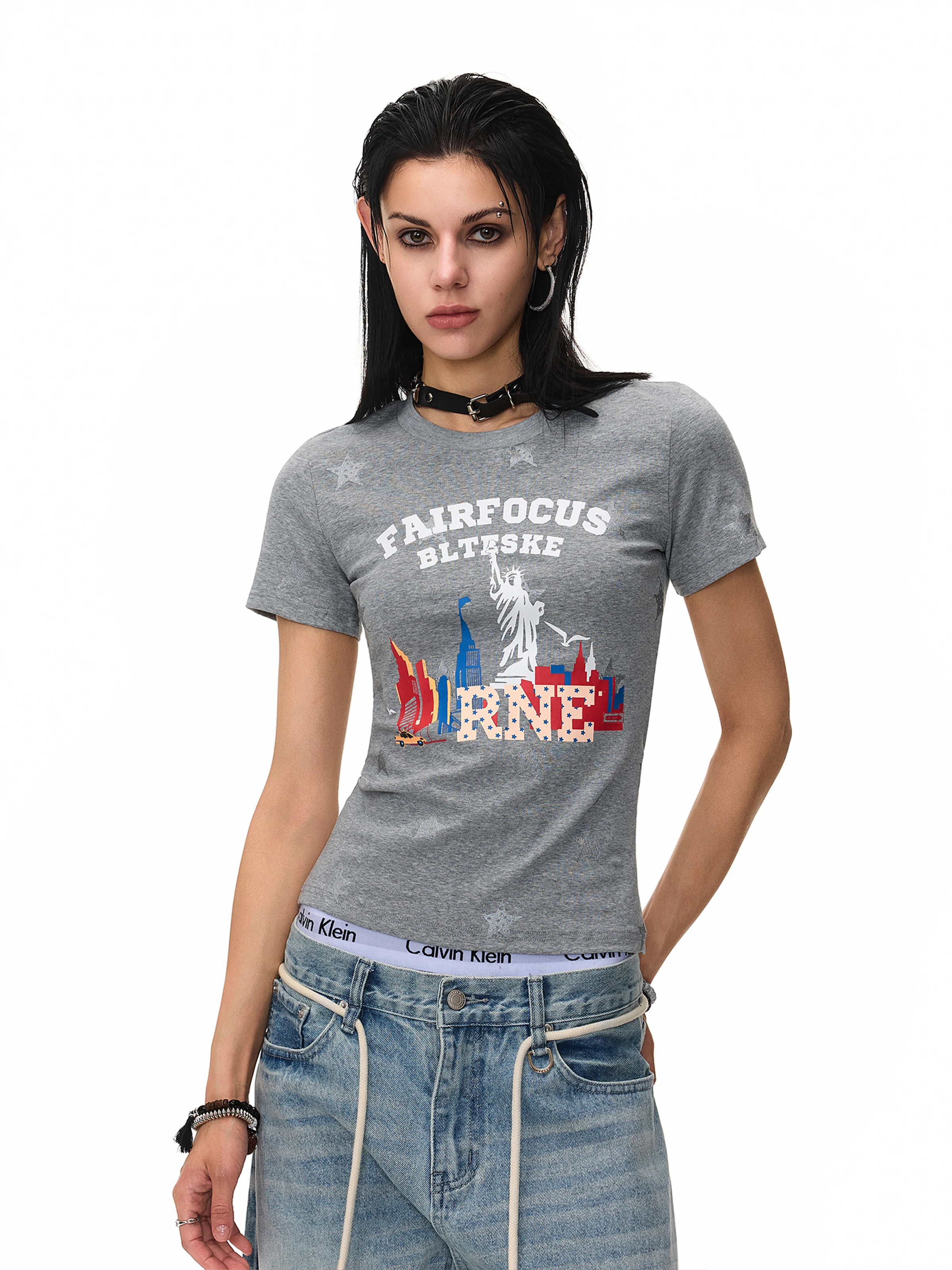 Cleanfit American Style Streetwear Short Sleeve T-Shirt Star Print Slim Fit Summer Fashion Women's round Neck Top