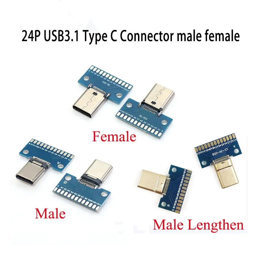 1pcs USB 3.1 Type C Connector 24P Male Female Plug Receptacle Adapter To Solder Wire & Cable 13P 26P Test Board PCB DIY Adaptor