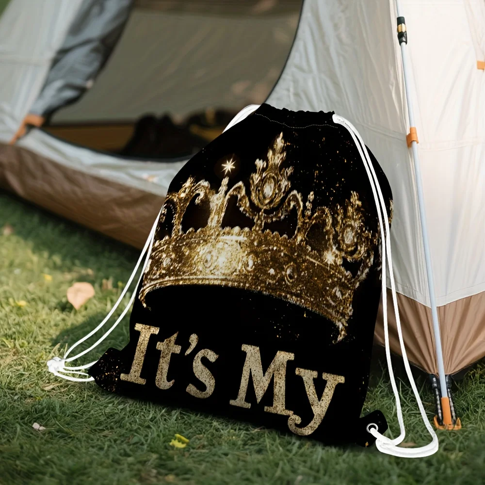 1-Piece Crown Slogan Print Drawstring Backpack, Lightweight & Durable, Outdoor Activity Storage Bag