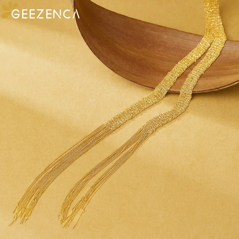 GEEZENCA Real 925 Silver 18K Gold Mesh Chain Woven Scarf Long Necklace For Women Italy Luxury Trendy Personalized Dainty Gift