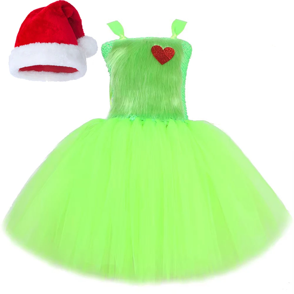 Green Monster Grinch Costumes for Girls Christmas Santa Claus Tutu Dress with Hat Plush Gloves Kids Xmas Carnival Party Outfits