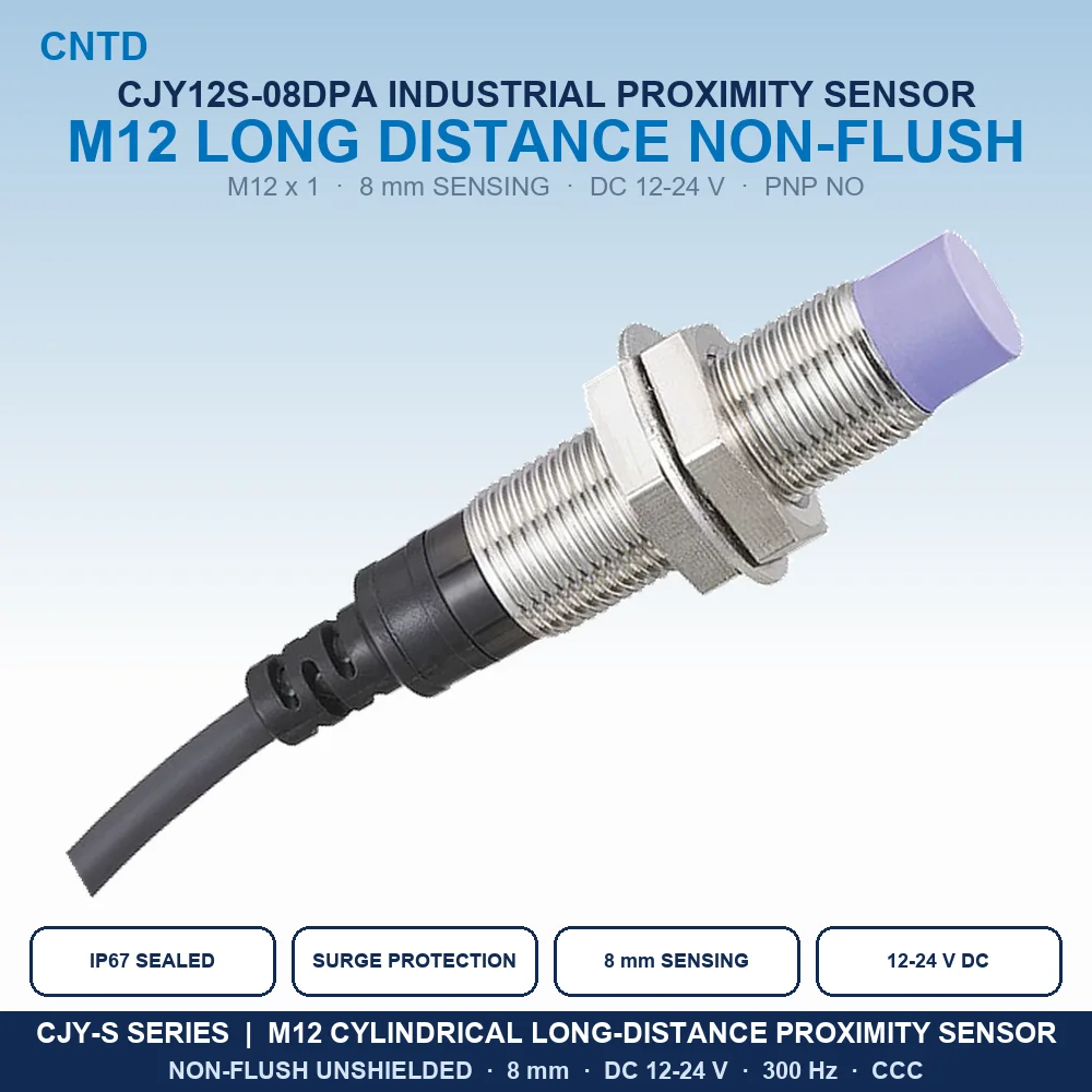 Inductive Proximity Sensor M12 PNP NO 3-Wire 8mm IP67 Approach Switch DC12-24V 300Hz Non-Flush Long Distance CJY12S-08DPA
