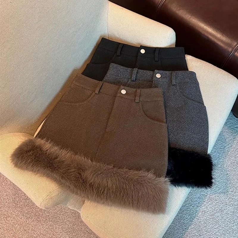 Woolen Fabric Skirt for Women Autumn Winter New Plush Splicing Casual Versatile Black Skirts Fashion Zipper Pockets A-line Skirt