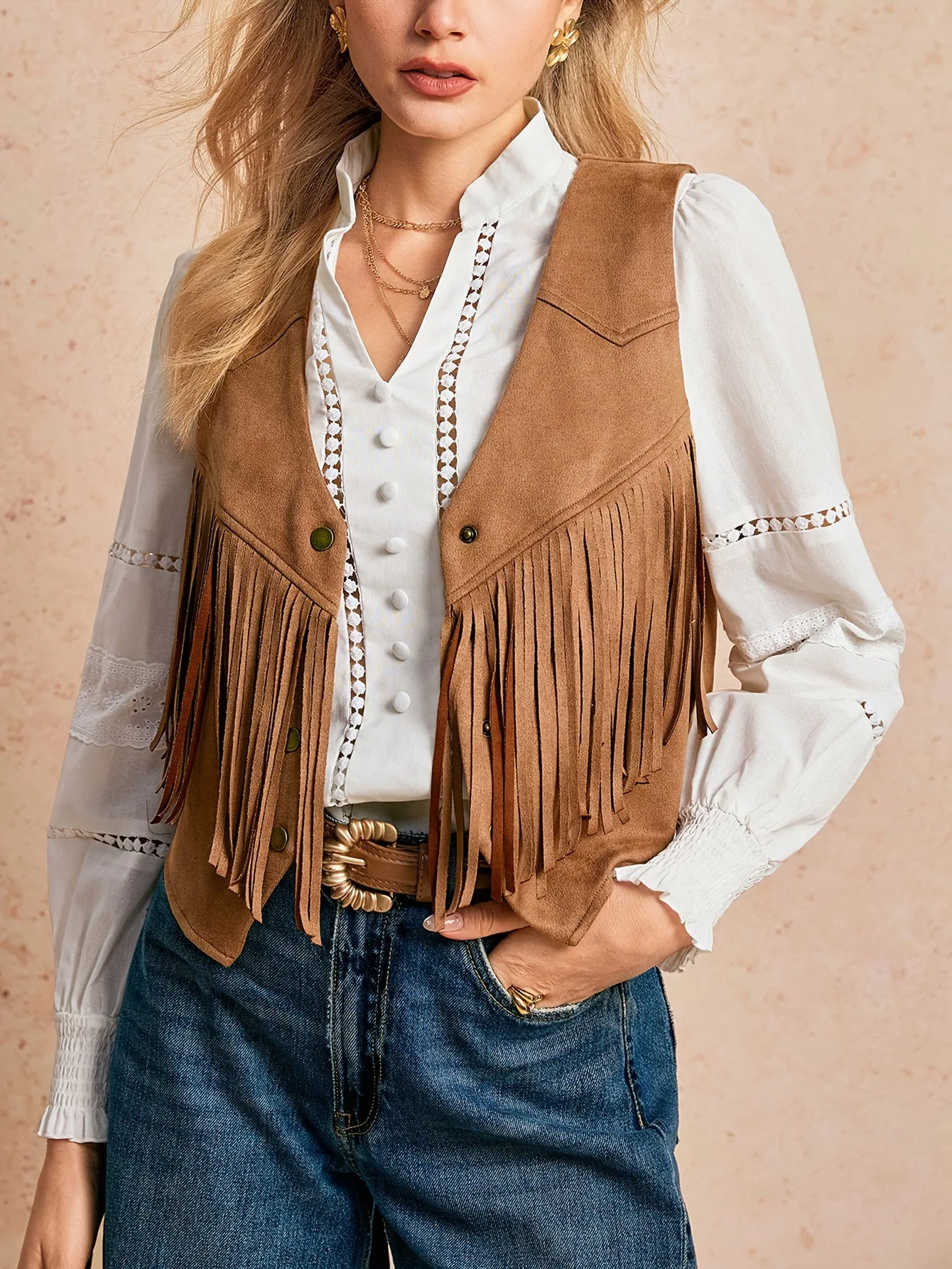 

Женский жилет в стиле бохо с кисточками в стиле вестерн, открытый передний кардиган из искусственной замши с бахромой, куртка без рукавов, винтажная верхняя одежда в стиле хиппи, жилет в стиле пастушки
