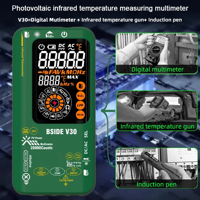 BSIDE V30 Digital Multimeter 20000counts Smart Infrared Temperature Tester T-RMS 1500V DC AC Voltage Rechargeable Multiteter DMM