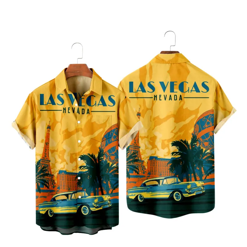 Men\'s Hawaiian T-Shirt Las Vegas 3D Printed Y2K Hombre Fashion Shirt Casual Short Sleeve Beach Oversized Clothes