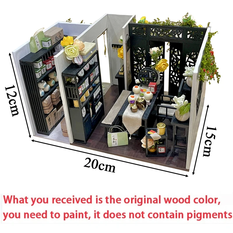 DIY Wooden Dollhouse Chinese Ancient Tea Room Miniature Model Kits With Furniture Flowers Doll Houses for Friends Birthday Gifts