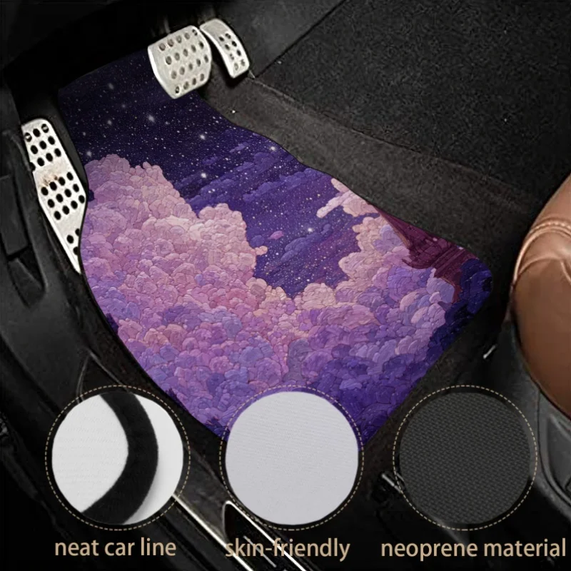 Set Of 4 Non-Slip Car Floor Mats Featuring A Starry Night Sky Design With Castle Towers, Suitable For Front And Rear Use. These