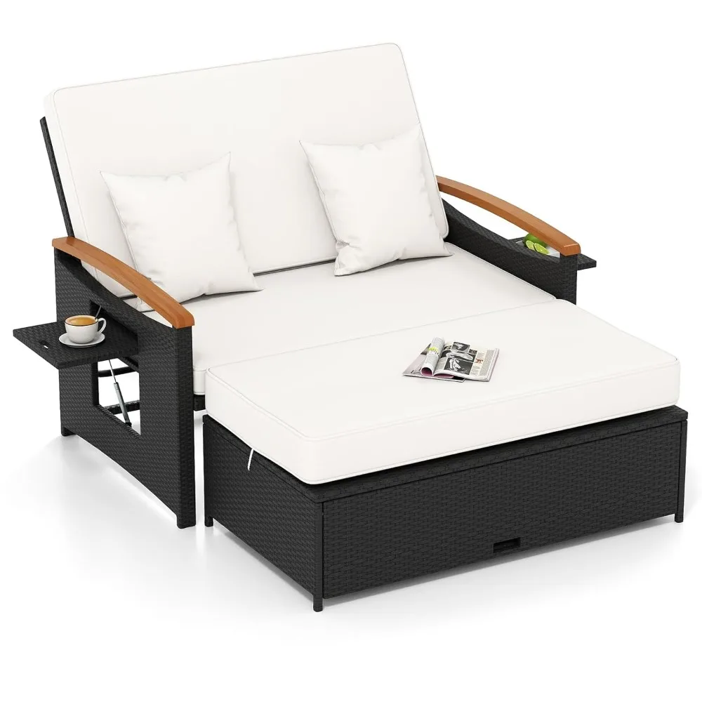 

Patio Rattan Daybed with 4-Level Adjustable Backrest, Outdoor Wicker Loveseat with Acacia Wood Armrest, Storage, Customized