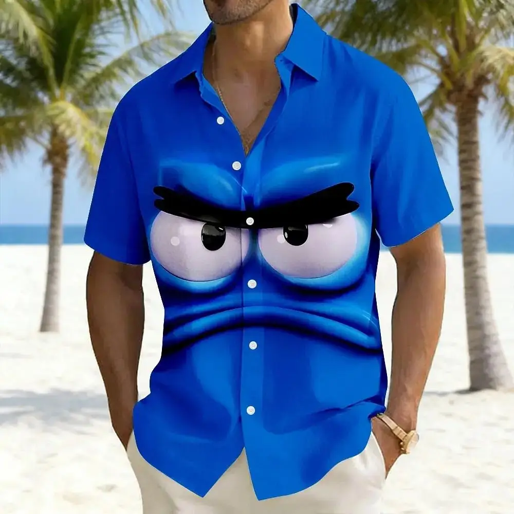 Funny Smiling Face Graphic Hawaiian Shirts Anime 3D Print Short Sleeve Blouses Vacation Party Lapel Blouse Summer Buttons Shirt