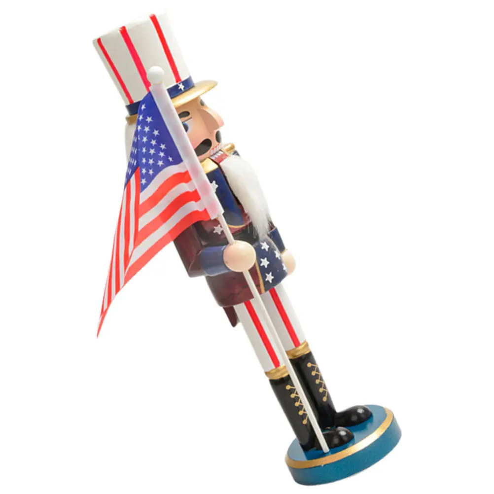 

Festive Wooden Nutcracker Statue Red White Blue Design Holiday Shelf Decor for Christmas and Us Patriot Events Centerpiece