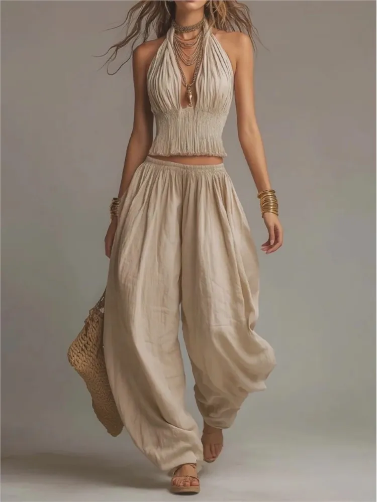 

Sexy V-neck Halterneck Suspender Trousers 2-piece Set 2026 Summer Fashion New Wide-leg Pants Women's Vacation Set