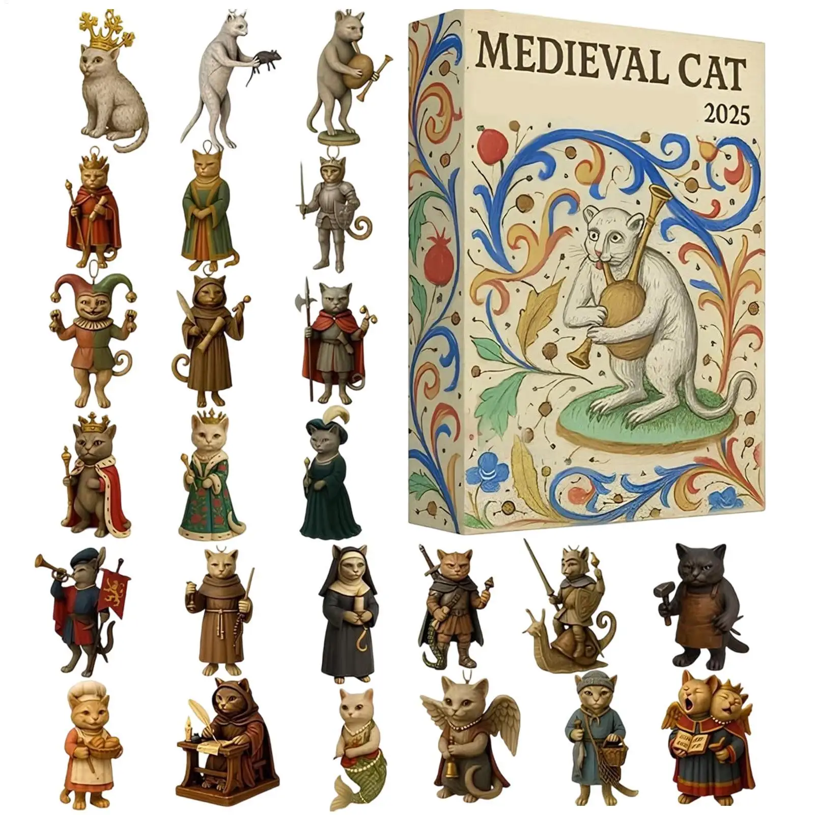 Adorno de gato navideño Cuenta regresiva Tema medieval de 24 días Juguete plano Cuenta regresiva al calendario navideño para niños pequeños Adolescentes Adultos
