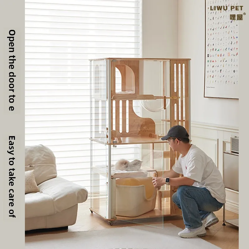 Solid Wood & Tempered Glass Panoramic Cat Villa with Automatic Litter Box for Large-Sized Cats Indoor Use