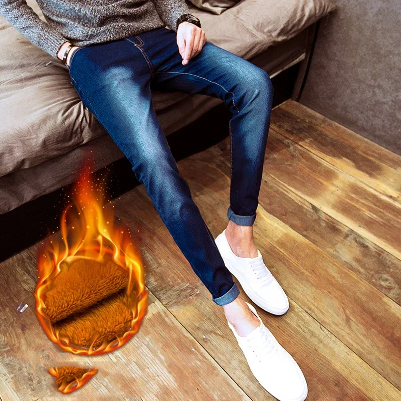 New arrival 2024 autumn winter Casual thicken thermal Fleece men's add wool Denim teenagers pencil pants hot men's jeans