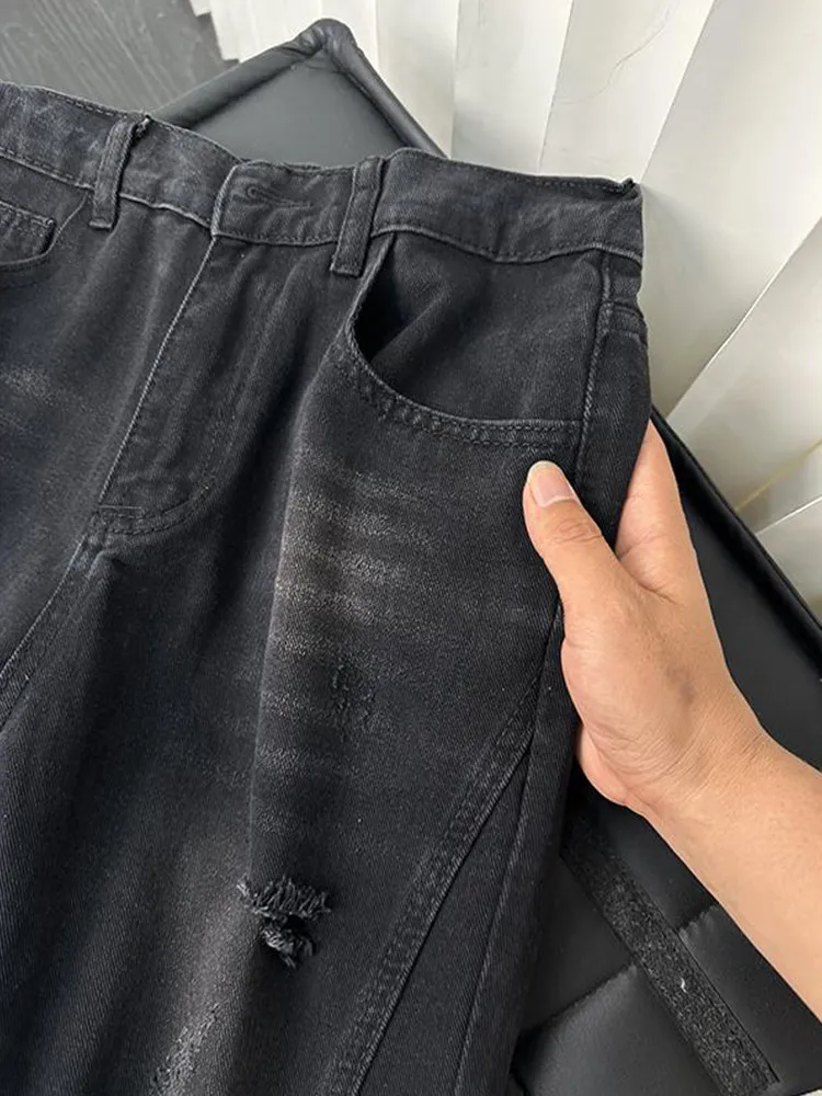 Cleanfit American Style Embroidered Ripped Jeans Men's High Street Vibe Washed out Tapered Jeans Summer Wear Resistant